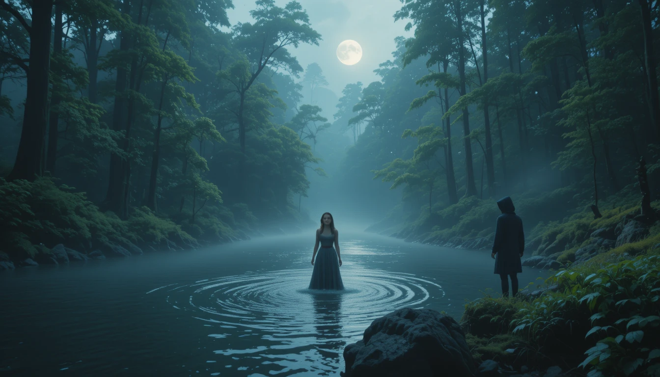 Uma mulher atravessa um rio na floresta enquanto uma figura encapuzada observa por perto