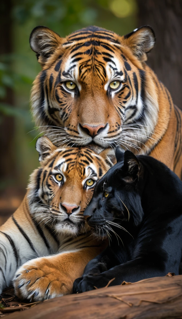 Un tigre enlace tendrement une panthère noire dans une forêt chaleureuse