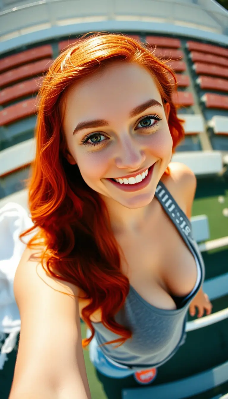 Una donna dai capelli rossi sorride alla fotocamera mentre si scatta un selfie all'aperto