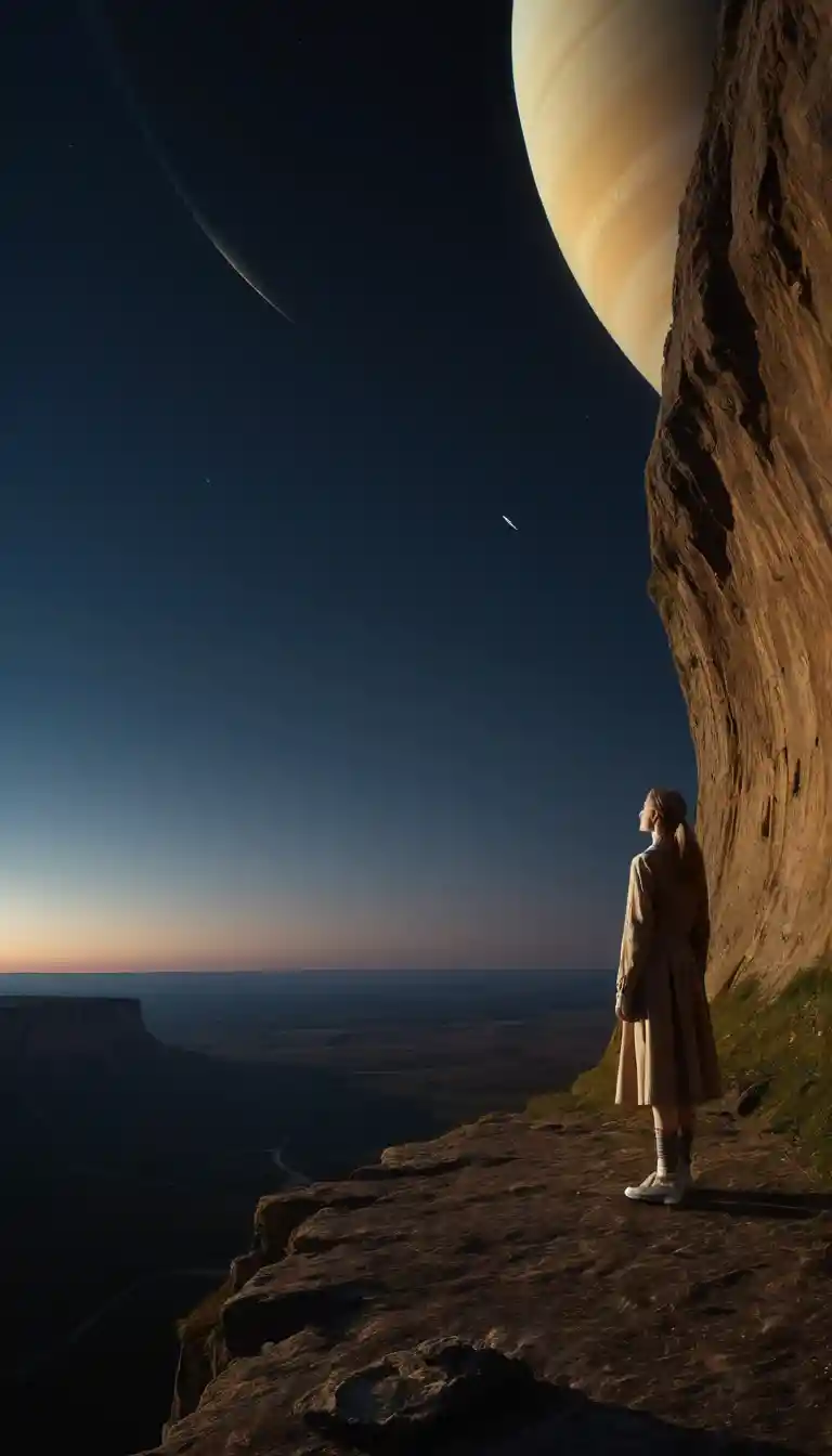 Uma mulher esguia está à beira de um penhasco, olhando para Saturno