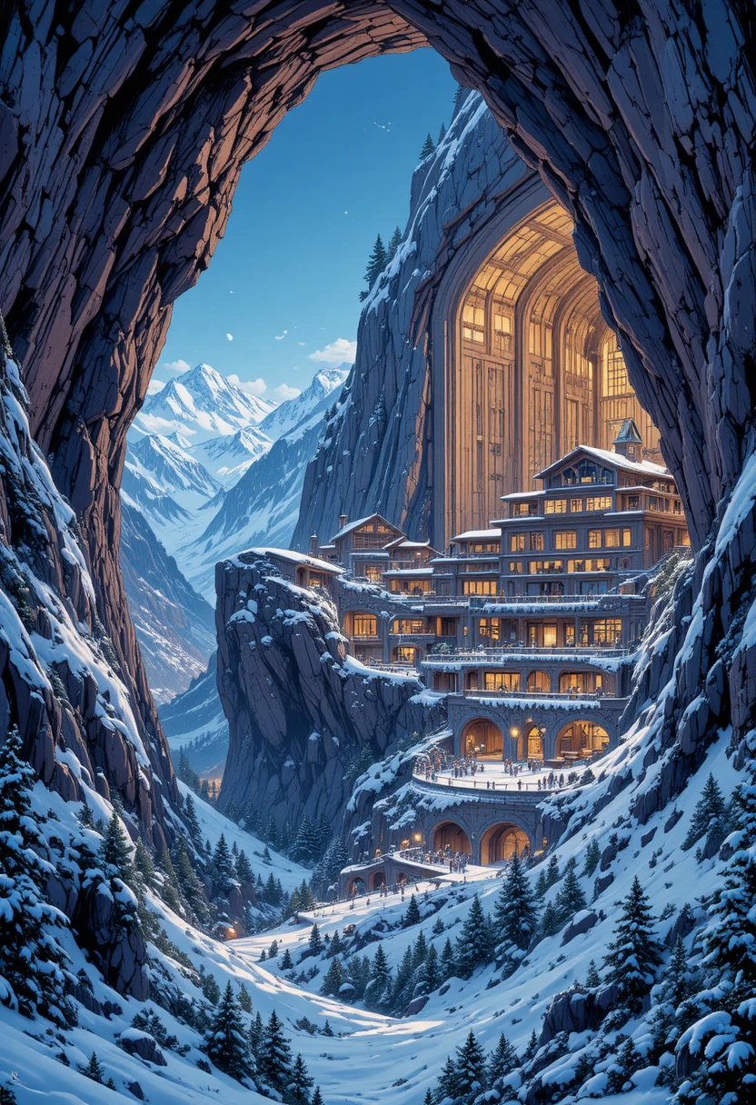 Um hotel escavado na montanha brilha diante de picos nevados ao cair da noite
