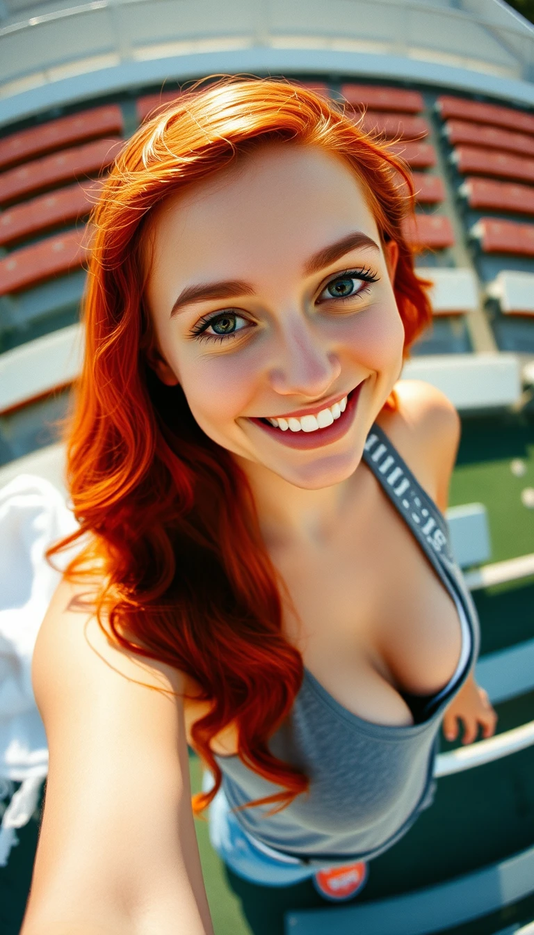 Uma mulher ruiva sorri para a câmera enquanto tira uma selfie ao ar livre