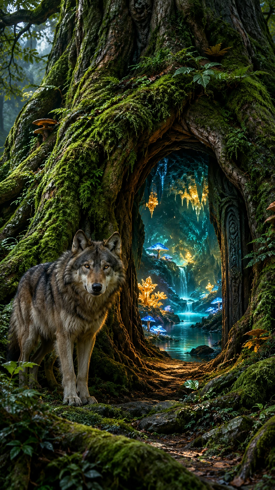 Uma árvore ancestral esconde a entrada para uma caverna subterrânea luminosa