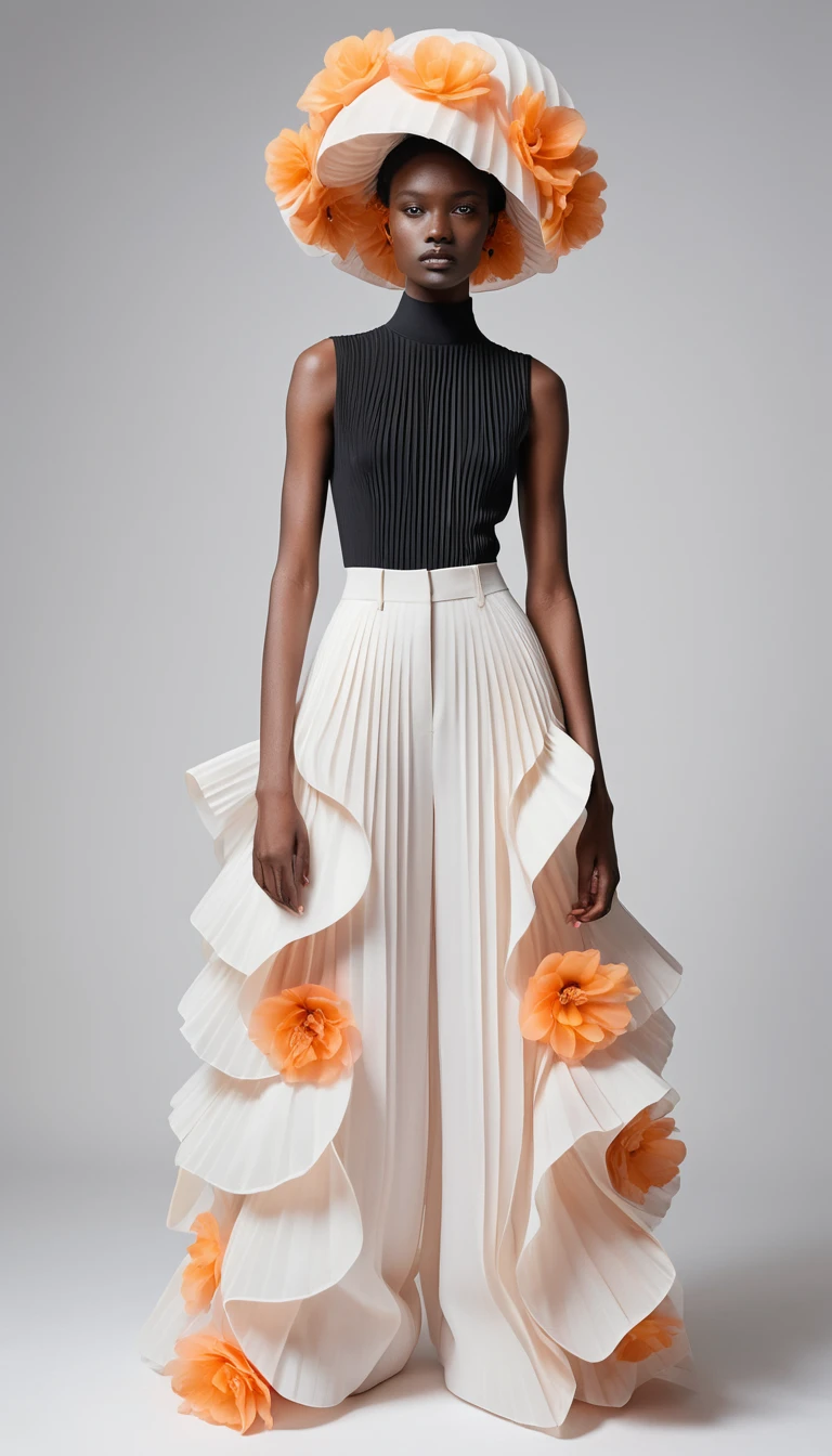 Uma modelo de moda escultural em alta-costura volumosa em preto e branco