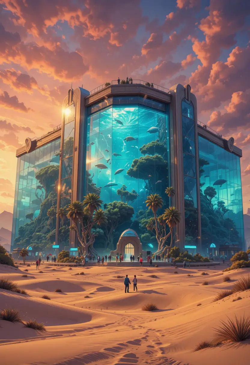 A vast desert aquarium holds a tropical world behind transparent walls