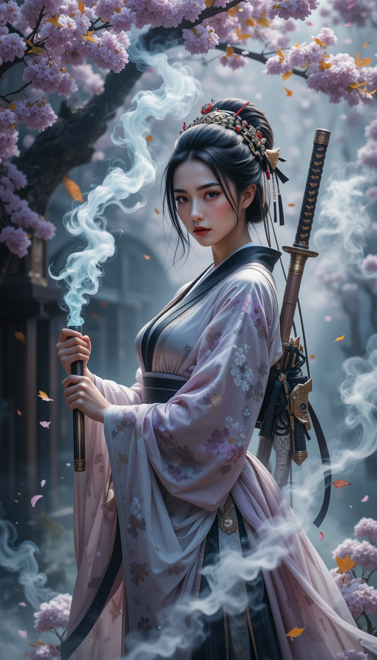 Uma mulher samurai com duas katanas em meio a redemoinhos de fumo