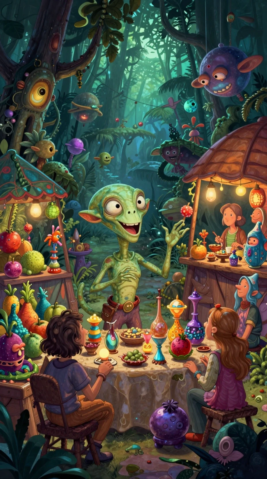 Um colorido mercado alienígena brilha diante de uma selva bioluminescente