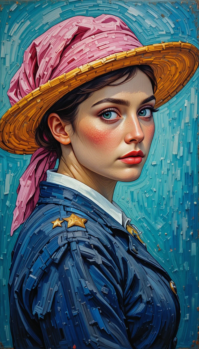 Uma mulher com bandana rosa e chapéu, pintada no estilo do Realismo Socialista