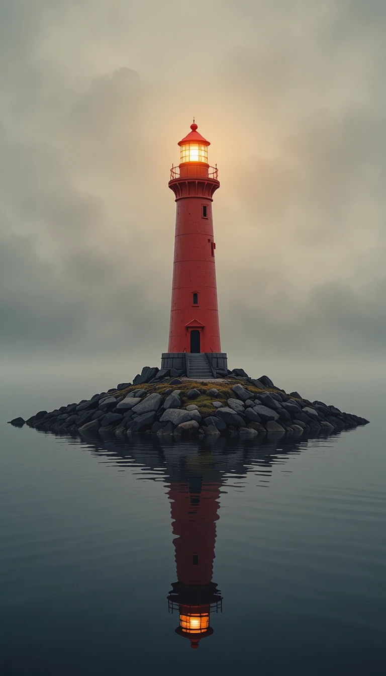 A red lighthouse reflected across calm water beside a rocky island