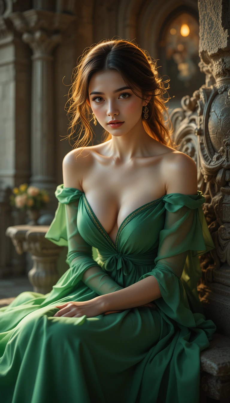 Uma mulher com um vestido verde esvoaçante está sentada numa cadeira de pedra