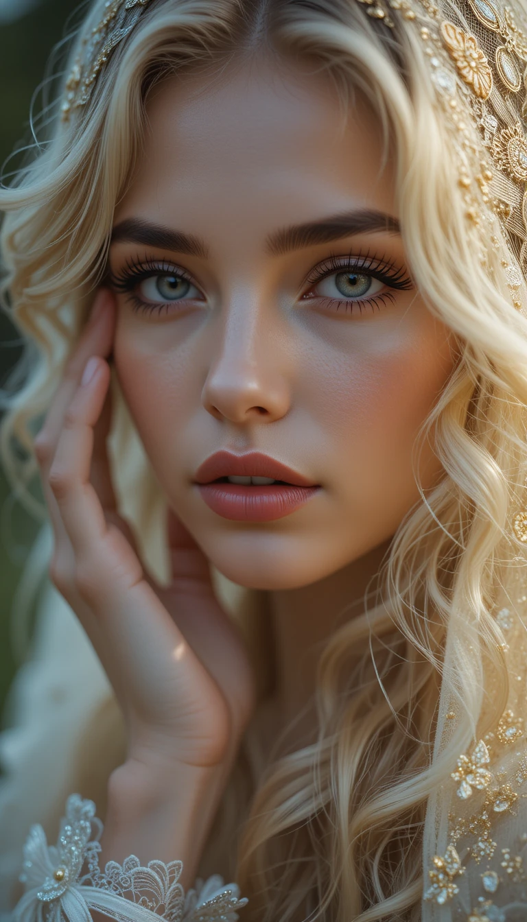 Uma mulher loira olha para a câmera sob um véu dourado