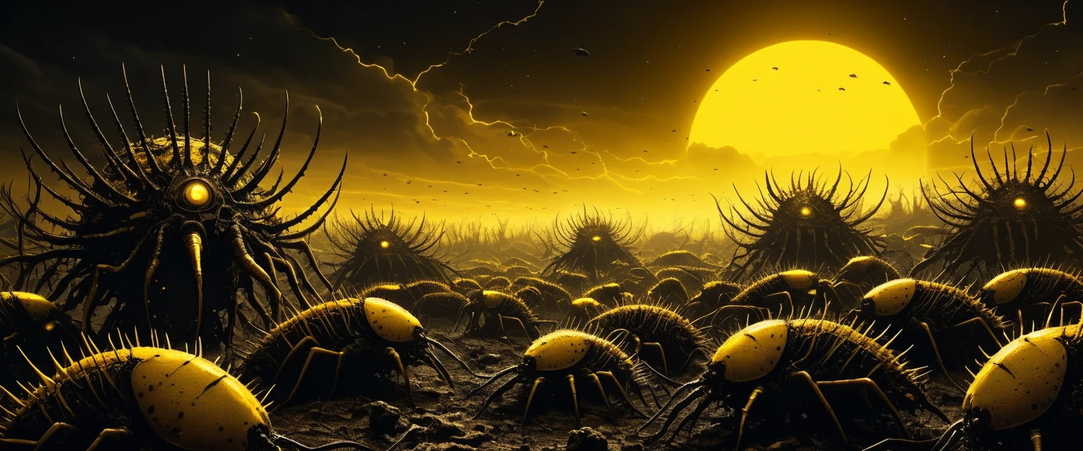 Um enxame de centopeias espinhosas atravessa a toda velocidade uma paisagem morta repleta de poços de alcatrão
