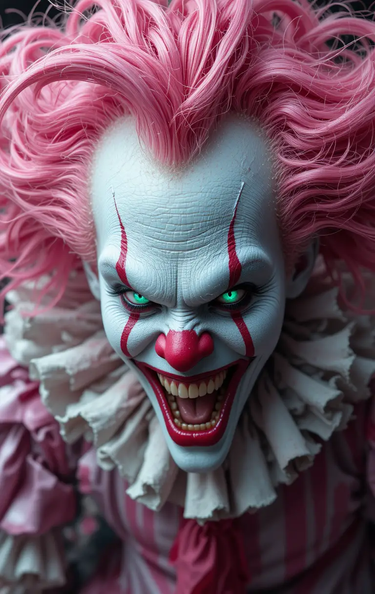 A Menacing Peppermint Clown With Pink Hair And Oversized Black Shoes