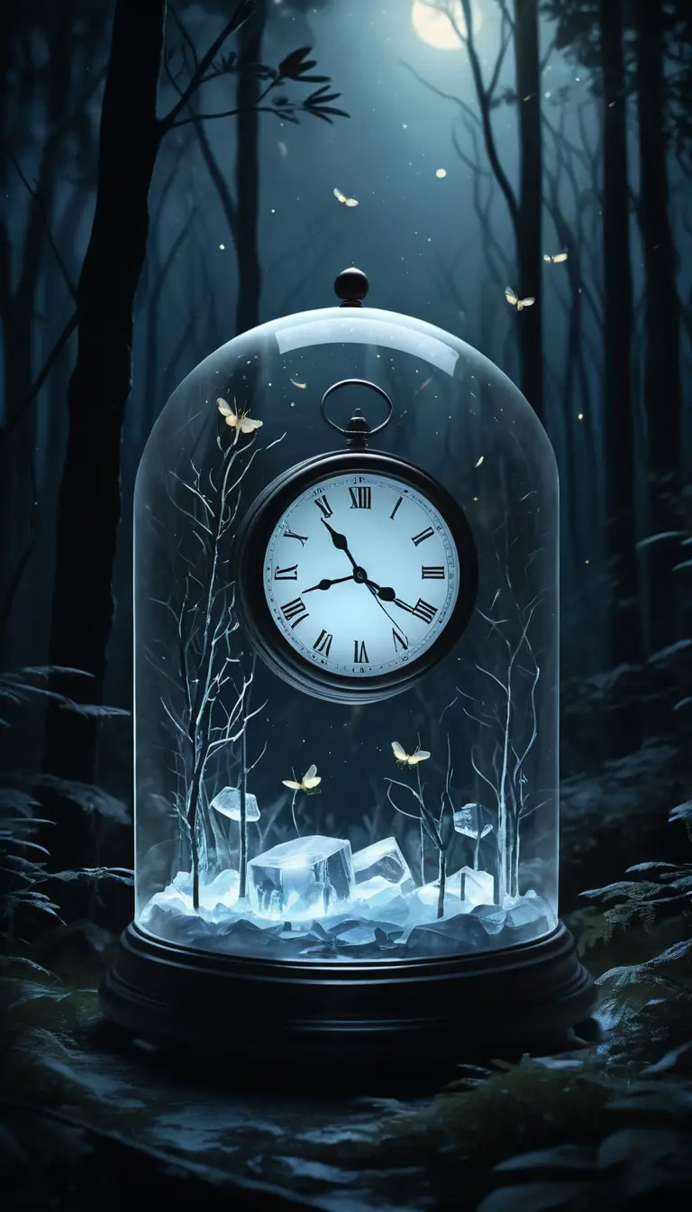 Eine durchsichtige Eis-Uhr birgt Glühwürmchen in einem mondbeschienenen Wald