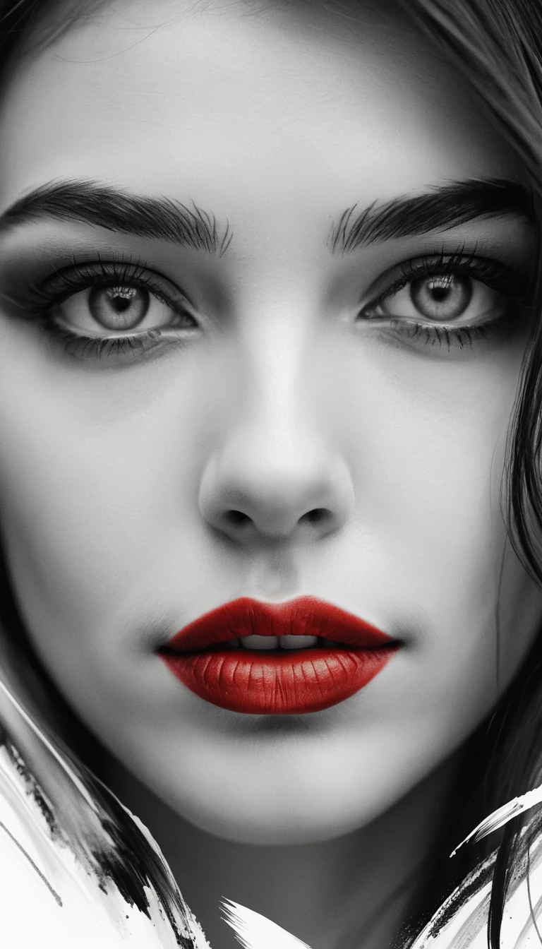 Retrato de uma jovem de olhos cinzentos, lábios escarlates e pinceladas marcantes
