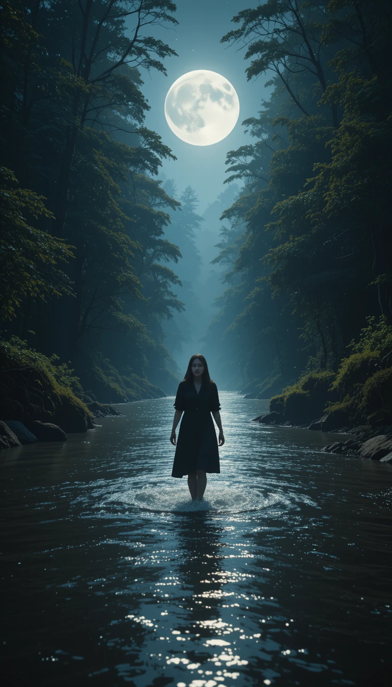 Une femme chante tandis que le clair de lune scintille sur une rivière en forêt