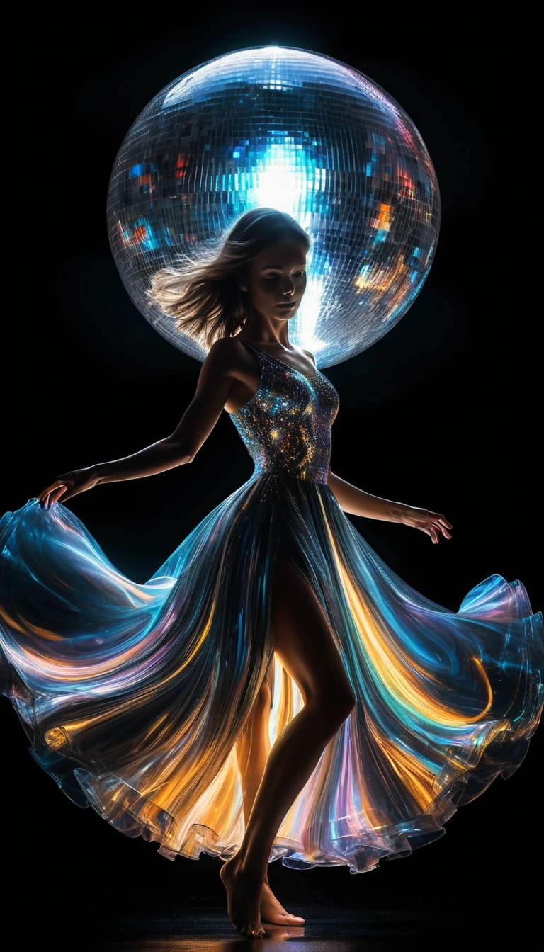 Uma mulher dançando com um vestido brilhante e uma bola de discoteca no lugar da cabeça