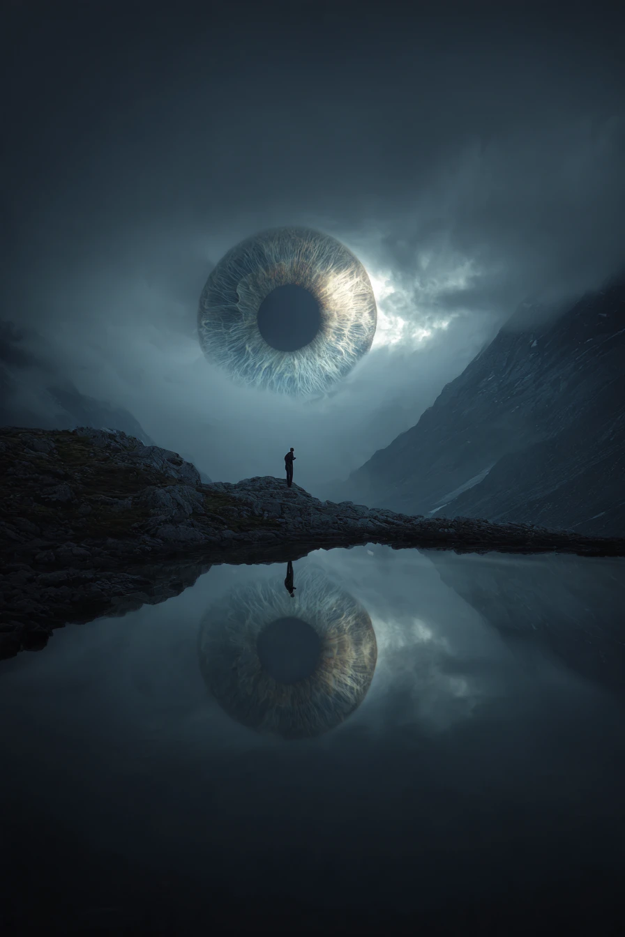 Una figura solitaria se alza sobre un lago de montaña con forma de ojo ancestral