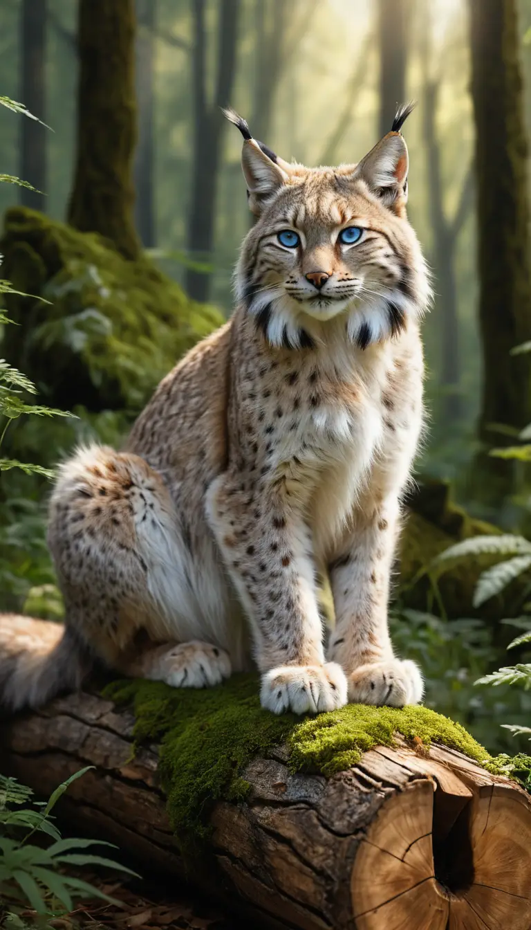 Ein weiß gefleckter Luchs ruht an einem moosbewachsenen Baumstamm im Wald