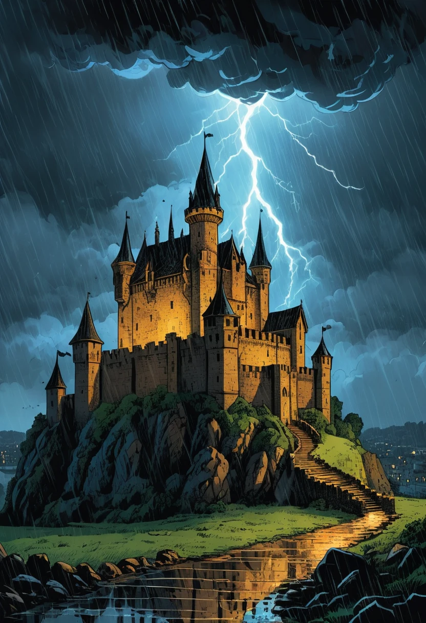 Relâmpagos revelam um castelo medieval numa tempestade noturna