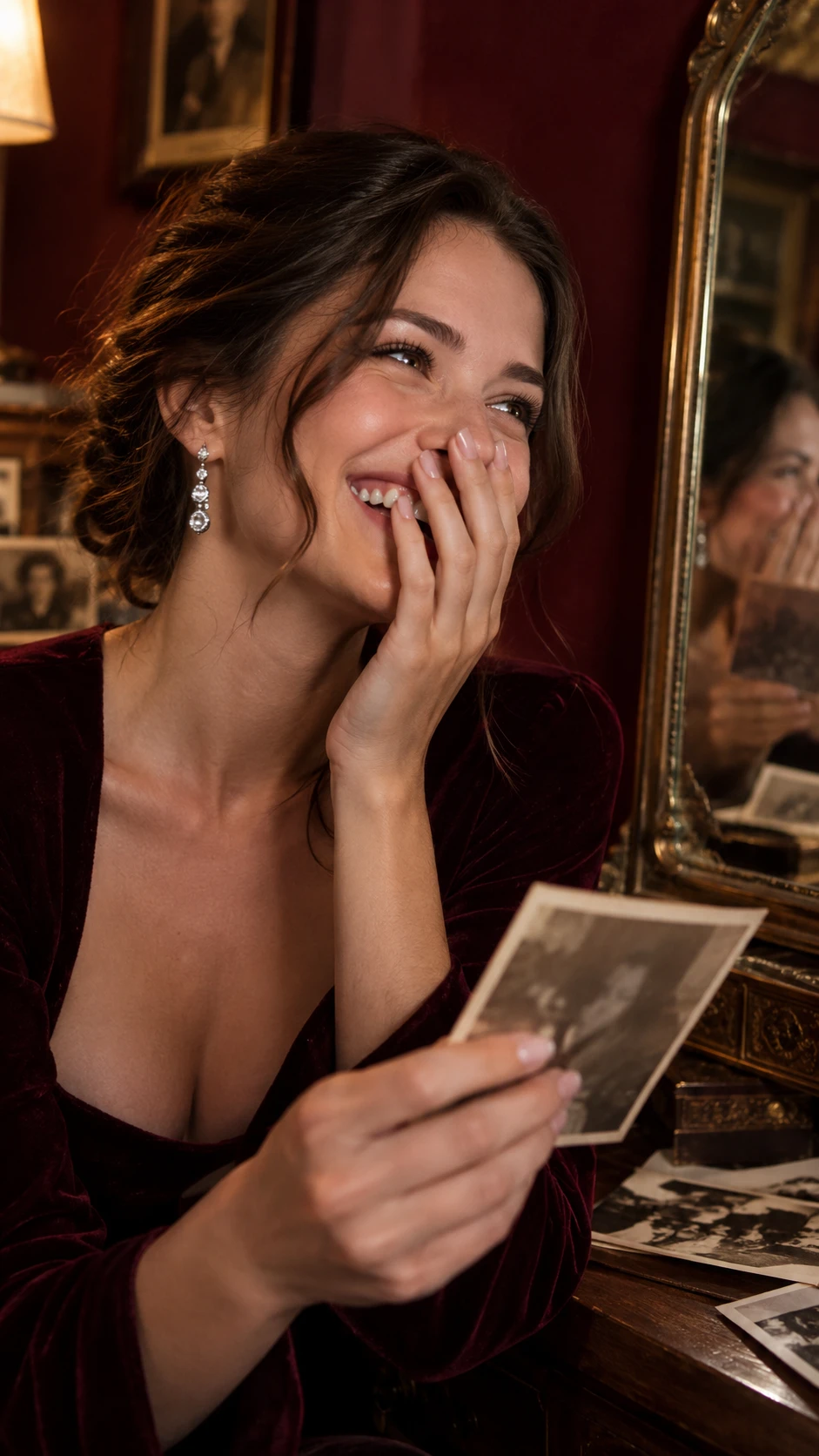 Uma mulher elegante ri enquanto segura uma fotografia antiga em um ambiente cor de vinho
