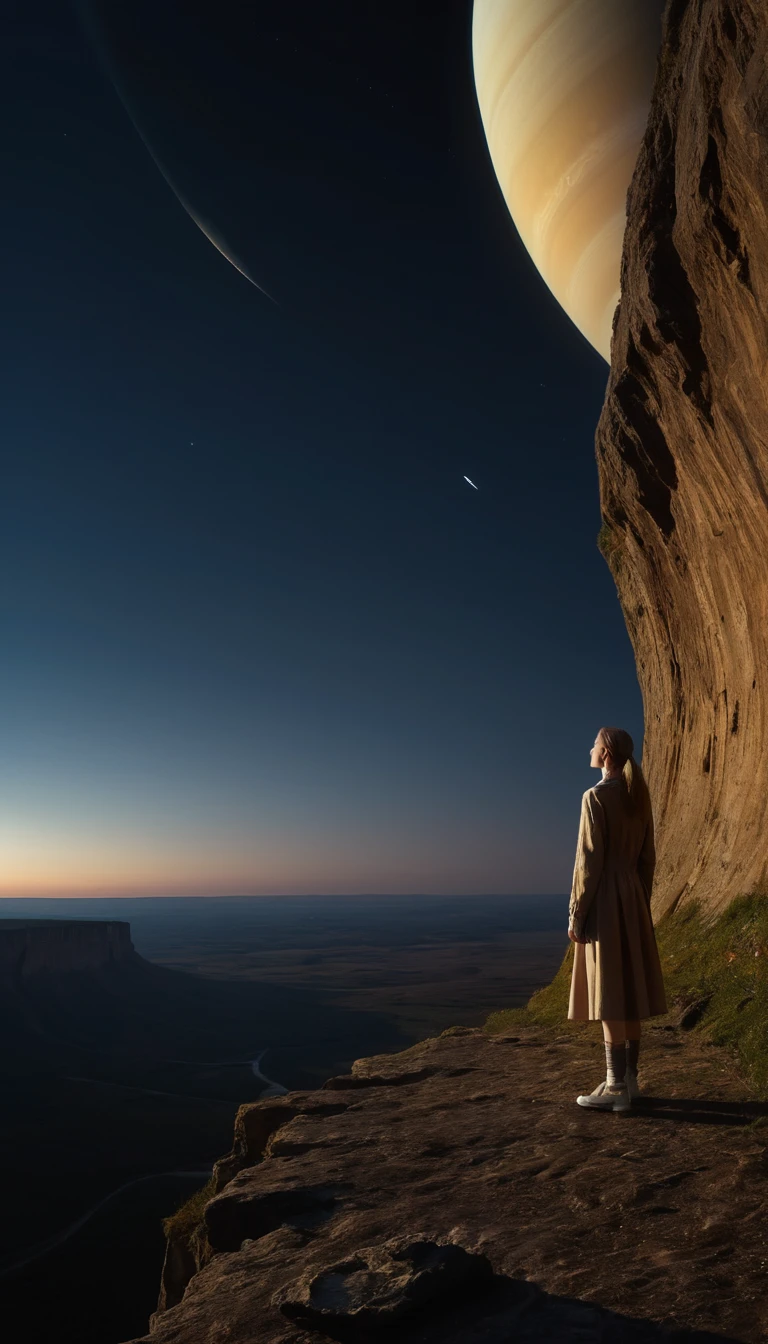 A Slender Woman Stands At A Cliff’s Edge, Looking Down Toward Saturn