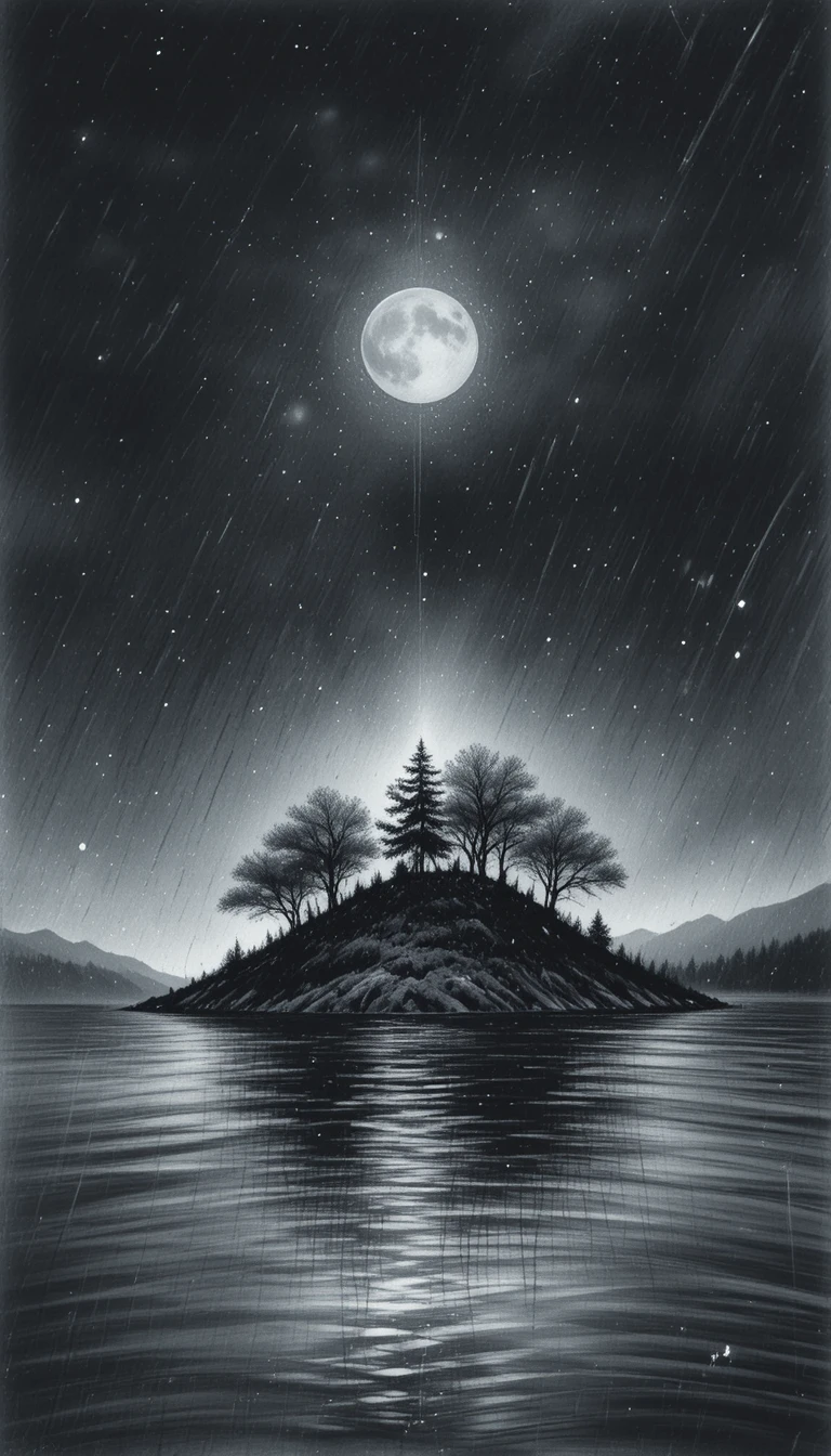 A Tree-Covered Island and Lake Beneath the Dark Night Sky