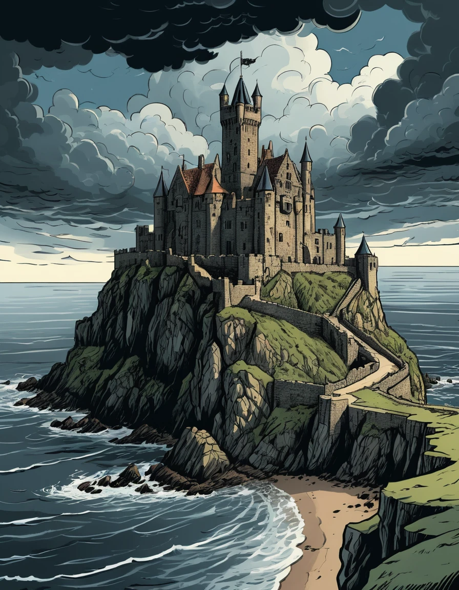 Um castelo medieval ergue-se sobre o mar a partir de um penhasco escarpado