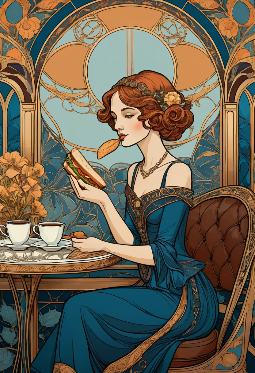 Uma mulher em estilo art nouveau come um sanduíche de 30 cm à mesa de um café