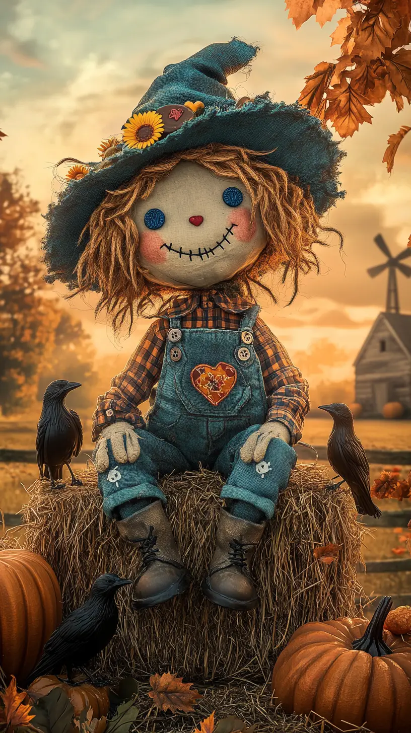 A friendly scarecrow sits on a hay bale in an autumn farmyard