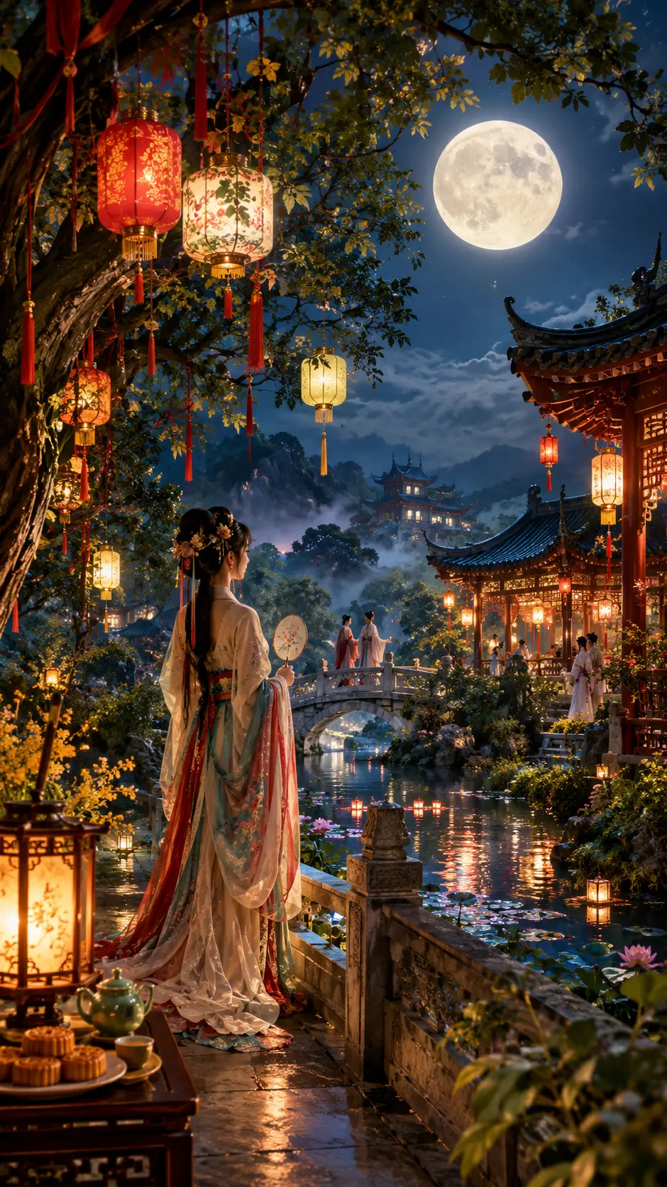 中秋の夜、満月が伝統的な中国庭園を照らす
