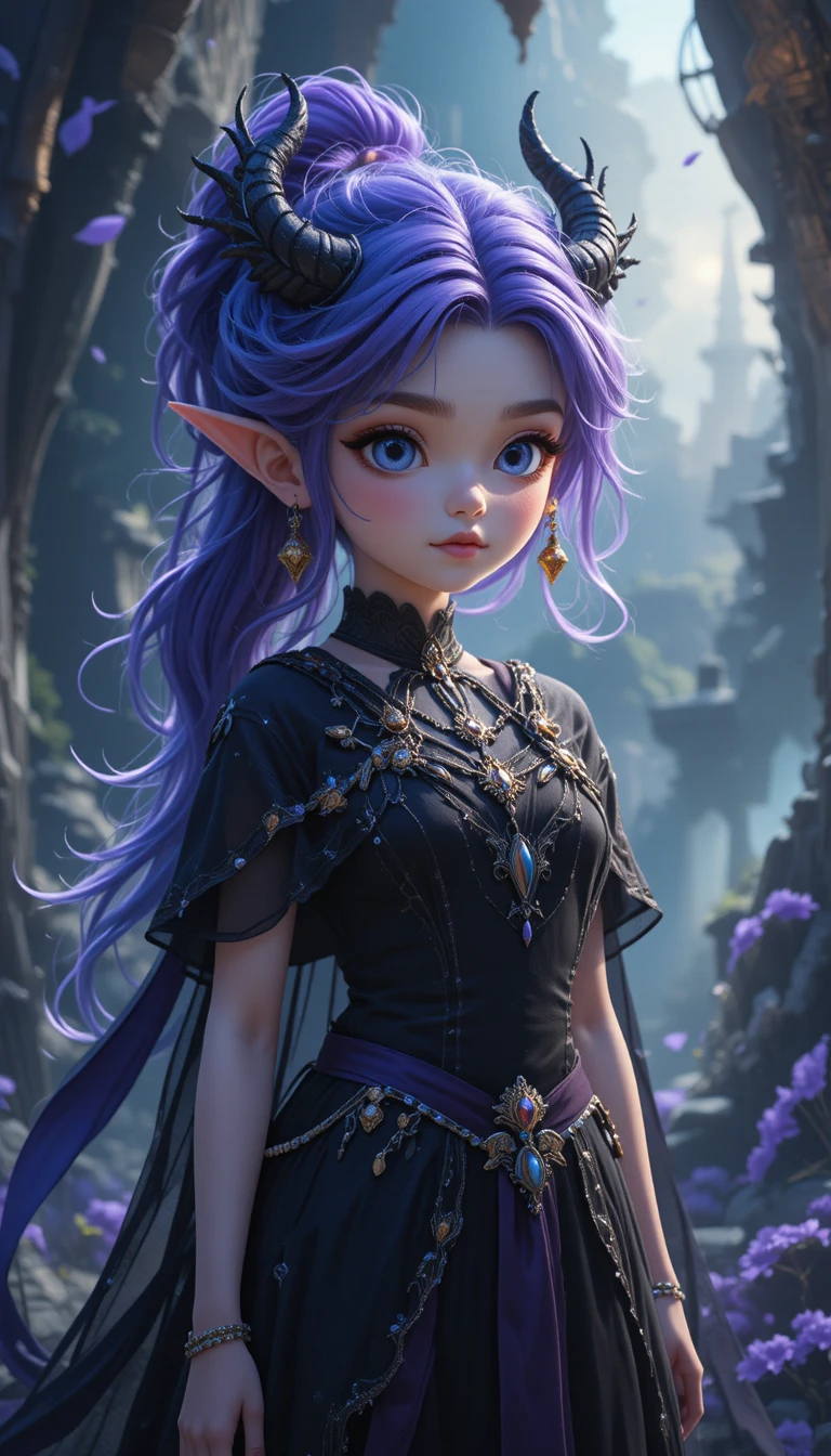 Garota de fantasia de onze anos com cabelo violeta, asas de fada e chifres de demônio