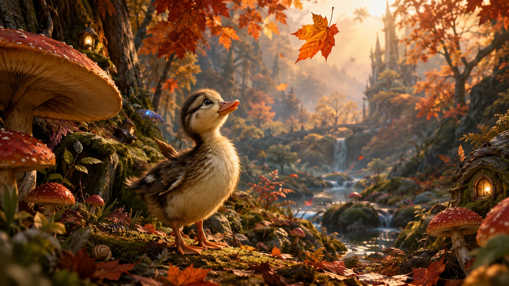 Um jovem pato faz uma pausa sob uma folha de bordo que cai em uma floresta outonal
