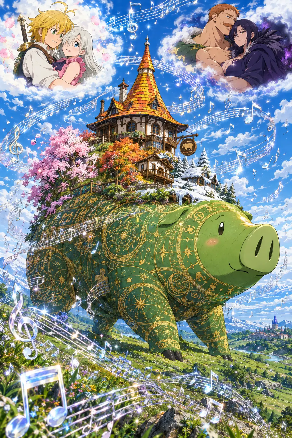 A Colossal Green Pig Carries a Whimsical Tavern Across Rolling Hills