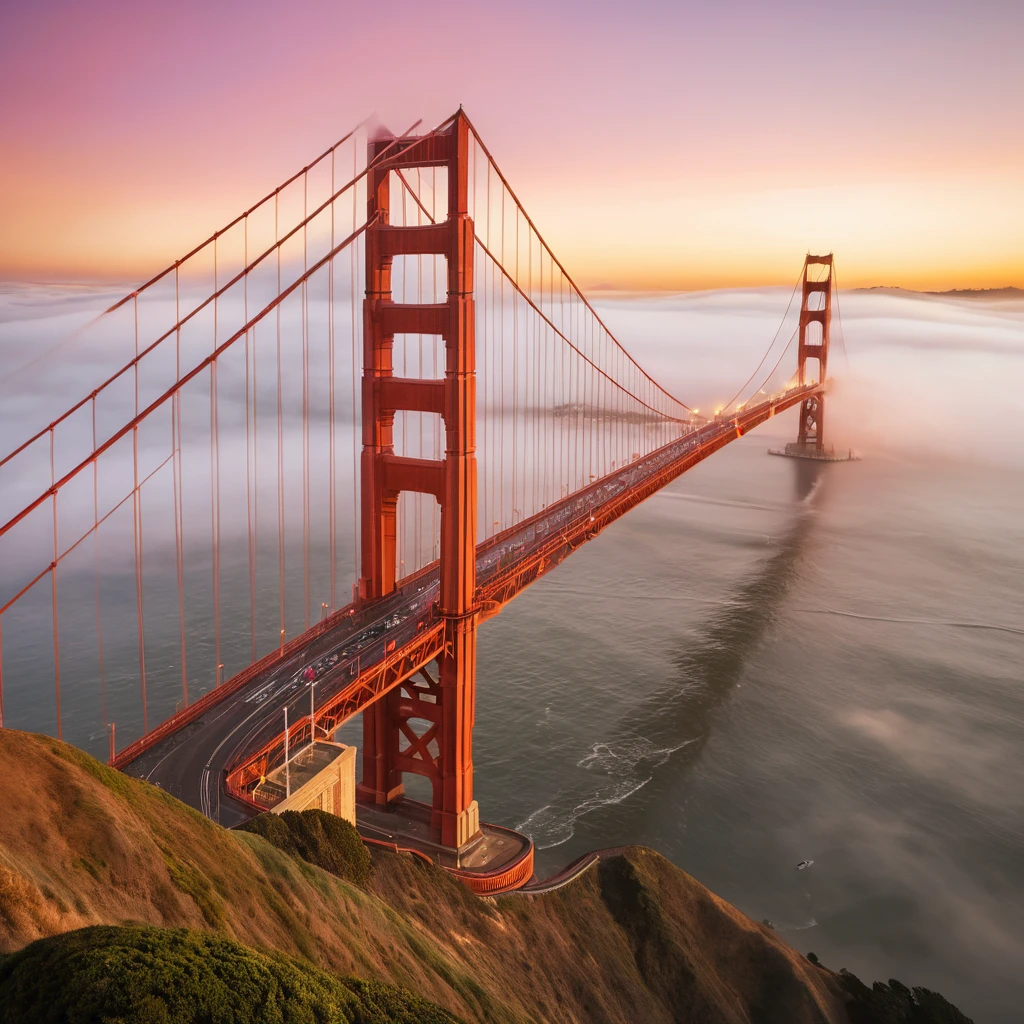 Le torri del Golden Gate si stagliano nella nebbia dell’alba sopra acque tranquille