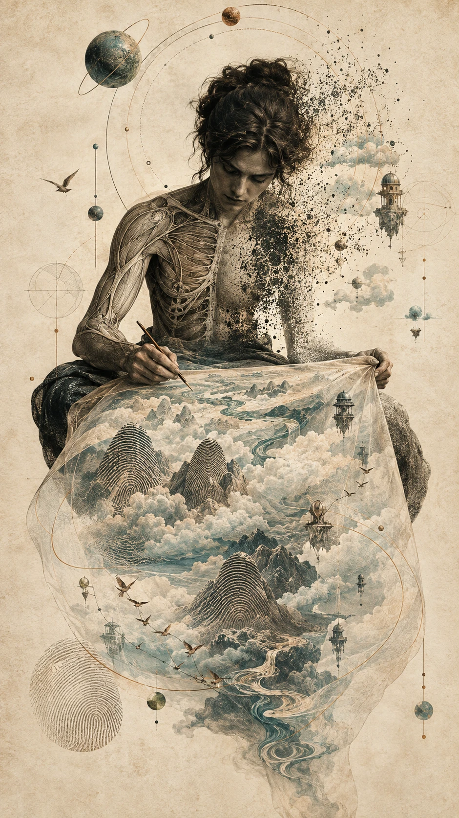 Une silhouette assise cartographie un paysage impossible sur du papier translucide