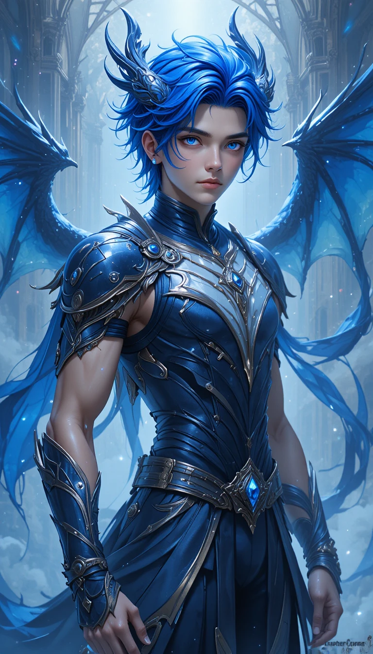 Un giovane uomo in stile anime con ali, corna e coda di drago blu