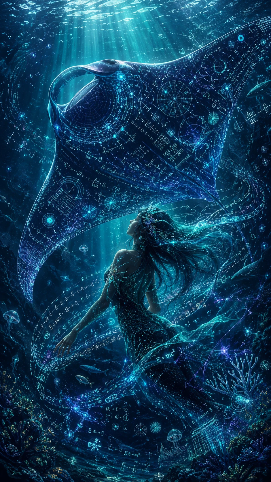 An ocean oracle glides beside a manta ray of flowing equations