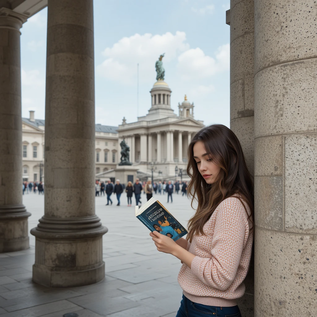 A Young Woman Reads Beside a Stone Pillar in Trafalgar Square