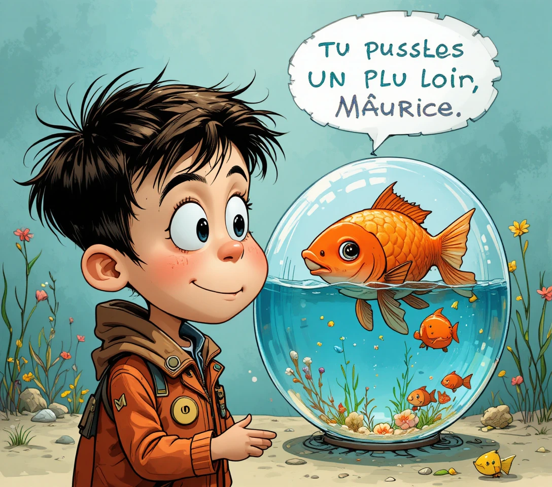 Un enfant observe un poisson rouge nager dans son bocal
