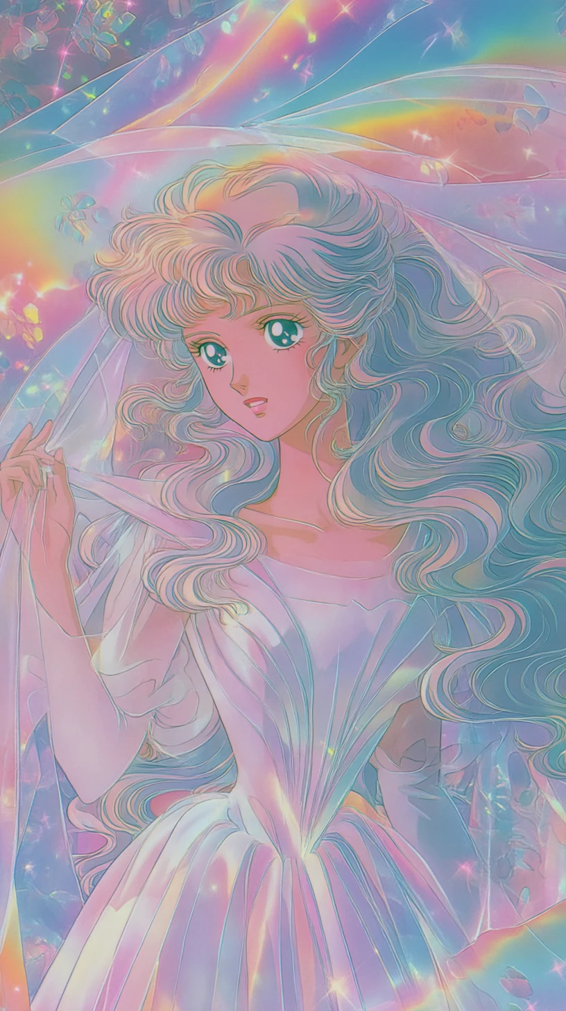 Eine ätherische Frau in einem wallenden weißen Kleid unter einem weiten Fantasy-Horizont