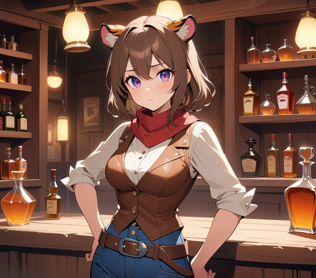 Cowgirl de anime com orelhas de tigre em um saloon rústico do Velho Oeste