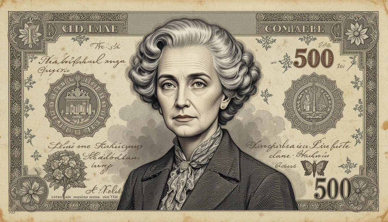A vintage banknote portrait of an older woman with curly gray hair