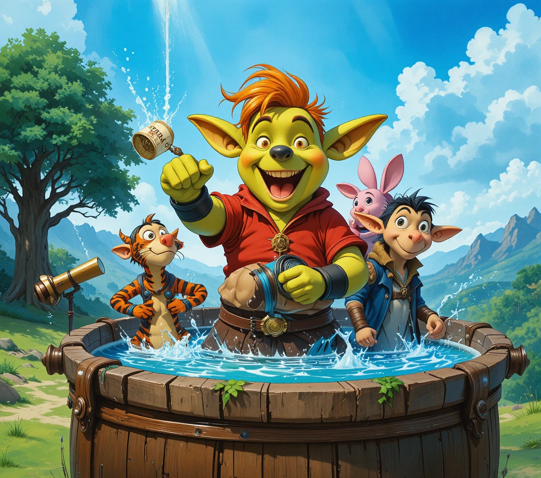 Pooh und seine Freunde brechen unter blauem Himmel zu einer Waldexpedition auf
