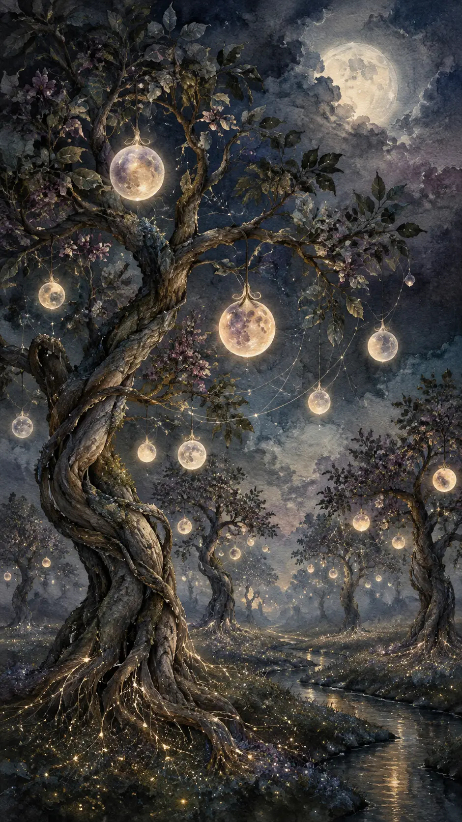 A surreal ancient orchard with glowing celestial fruit among twisting trees