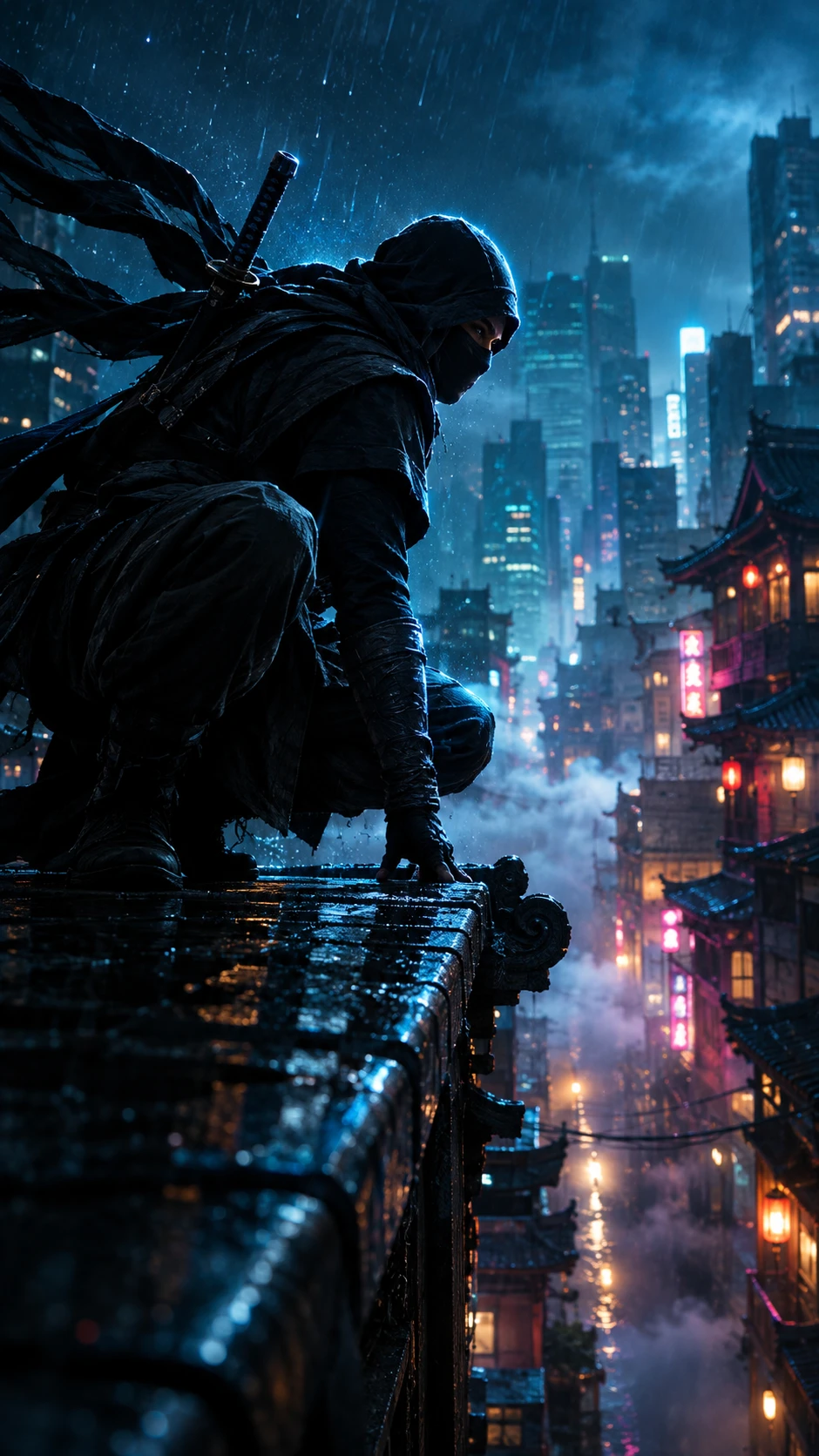 A Ninja Crouches on a Rain Slicked Rooftop at Night