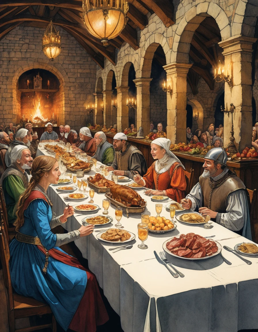 Una noble medieval disfruta de un banquete en una mesa del salón de un castillo