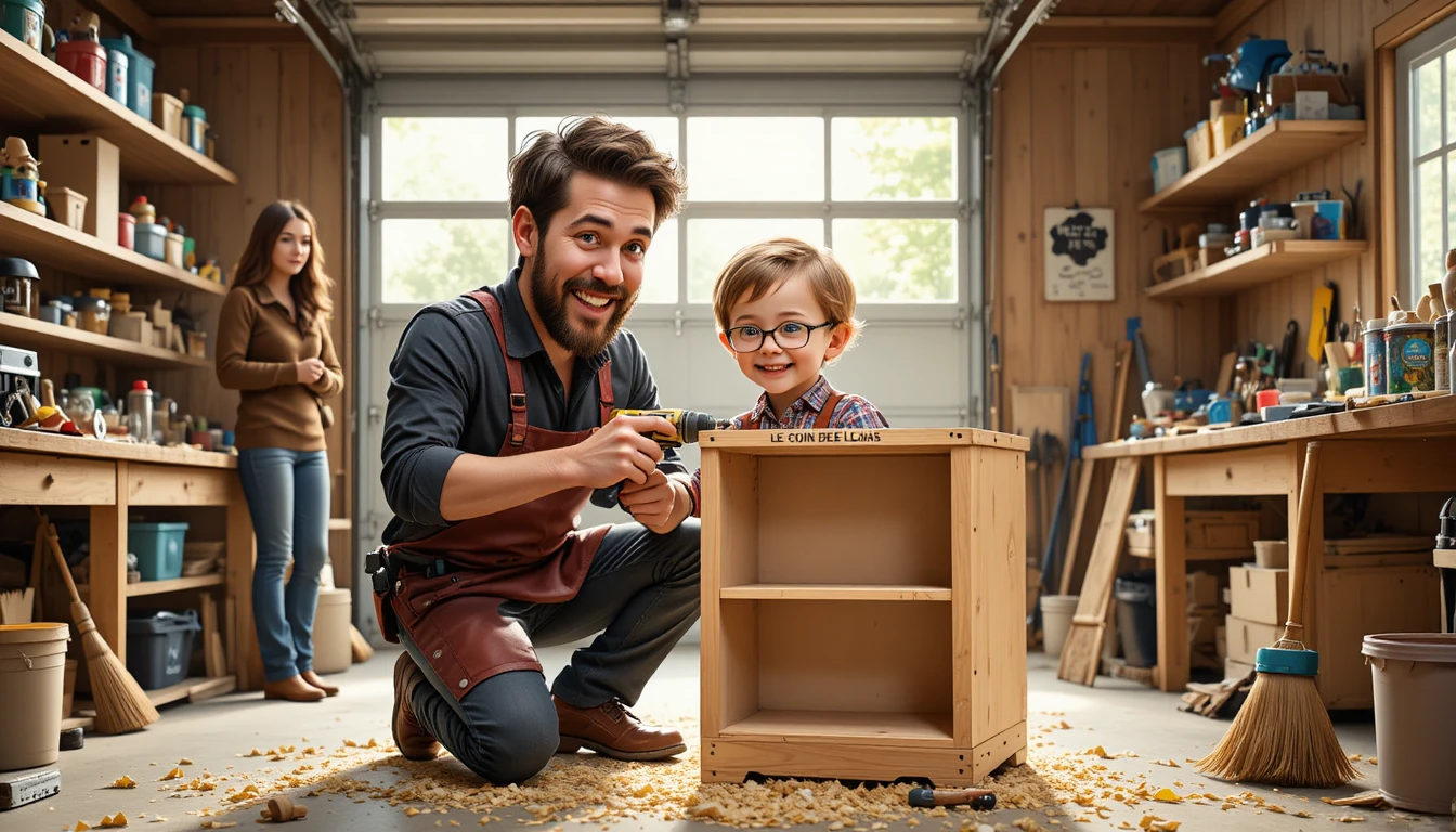 Father and son build a wooden shelf in their garage workshop