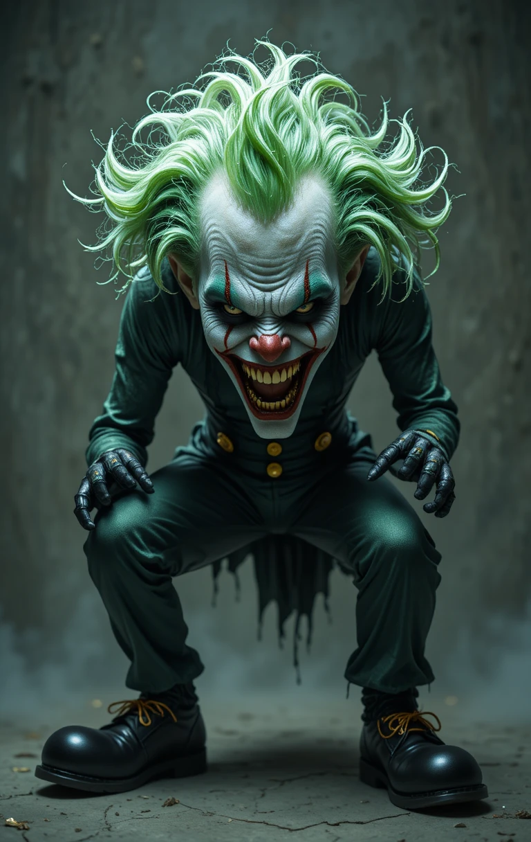 Um palhaço ameaçador, com mechas verdes no cabelo branco e sapatos enormes