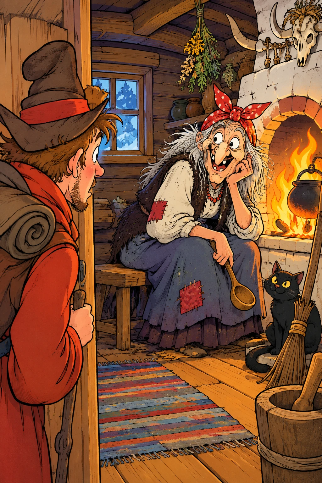 A traveler warms himself by the hearth before meeting Baba Yaga